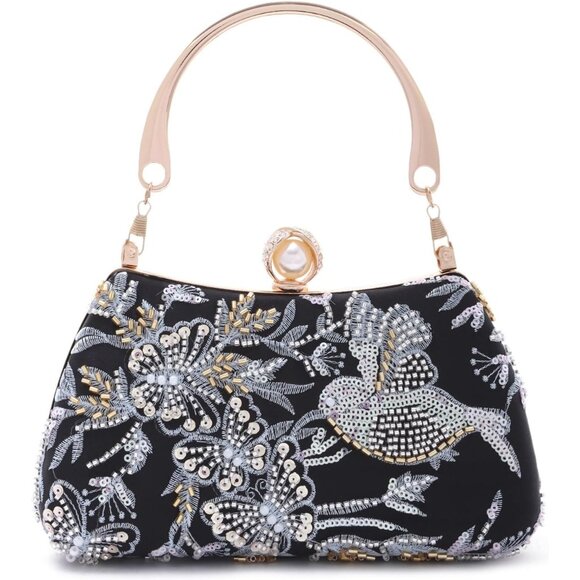 ⚡ Women's Floral Sequin Black Embroidery Evening Beaded Clutch Handbag - Picture 1 of 7